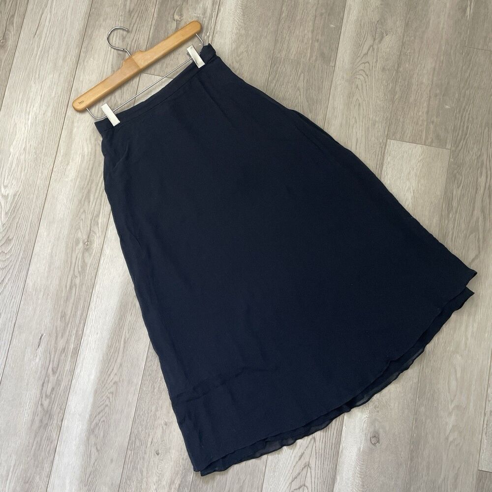 Vintage Silk Skirt a-line midi womens Navy Blue size 8 petite minimalist classic